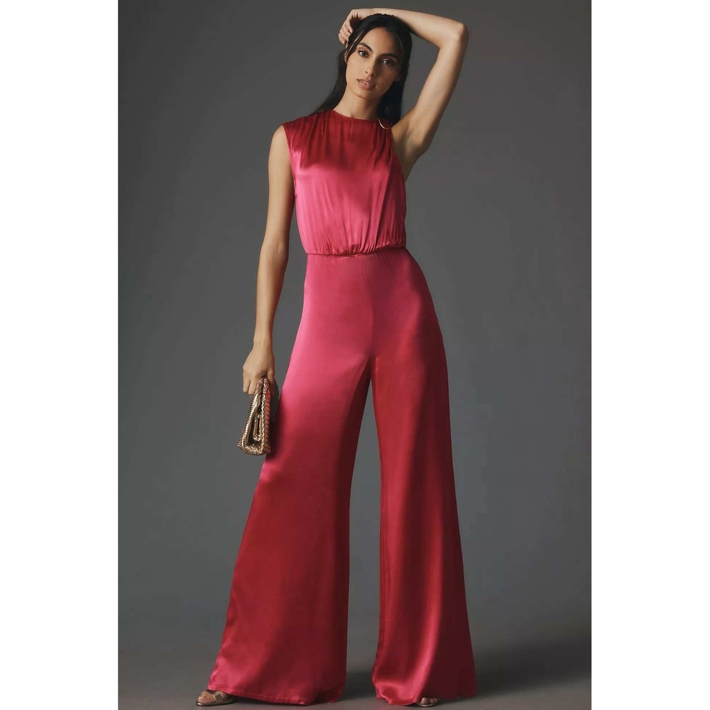 Anthropologie Corey Lynn Calter Silky One Shoulder Wide Leg Jumpsuit Pink